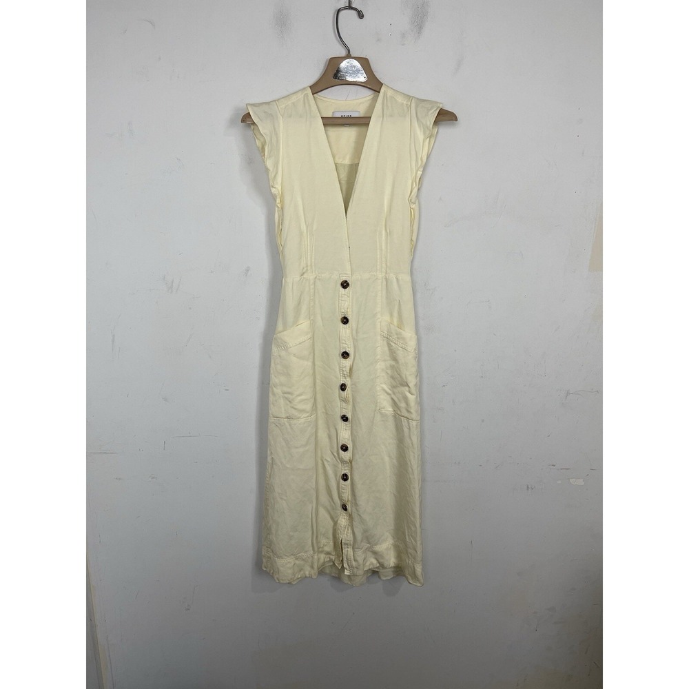 REISS Womens Dress 0 Butter Yellow Linen Blend Emma Midi Minimal Luxury Wedding